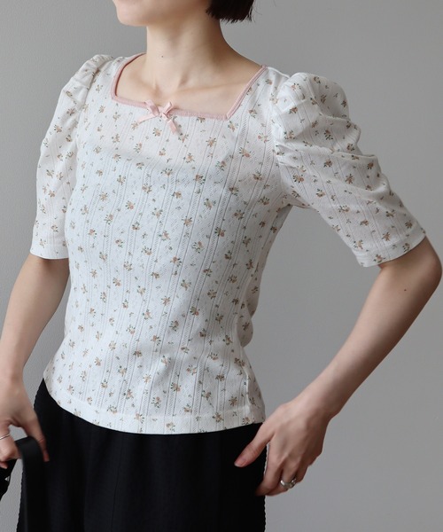 earth music&ecology（アースミュージックアンドエコロジー）の「フロントリボンパフスリーブプルオーバー（Tシャツ/カットソー・レディース・ブラック/アイボリー/ホワイト/グレー・FREE）」の15枚目の写真