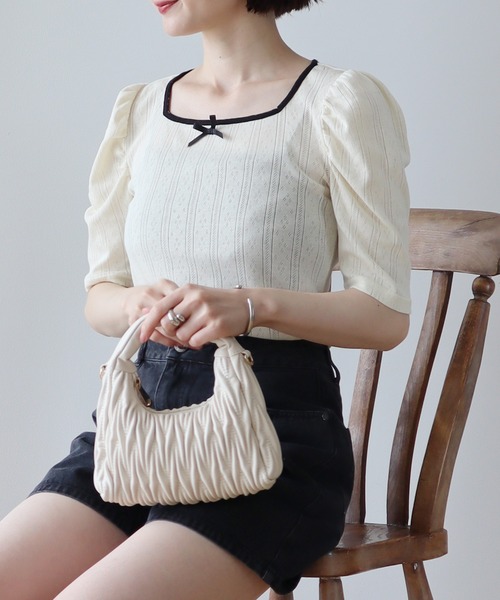 earth music&ecology（アースミュージックアンドエコロジー）の「フロントリボンパフスリーブプルオーバー（Tシャツ/カットソー・レディース・ブラック/アイボリー/ホワイト/グレー・FREE）」の20枚目の写真