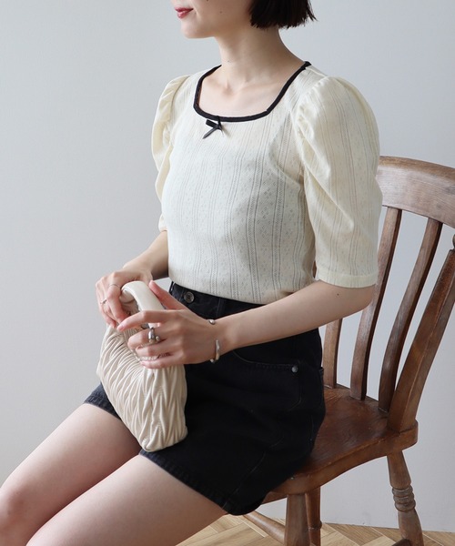 earth music&ecology（アースミュージックアンドエコロジー）の「フロントリボンパフスリーブプルオーバー（Tシャツ/カットソー・レディース・ブラック/アイボリー/ホワイト/グレー・FREE）」の21枚目の写真