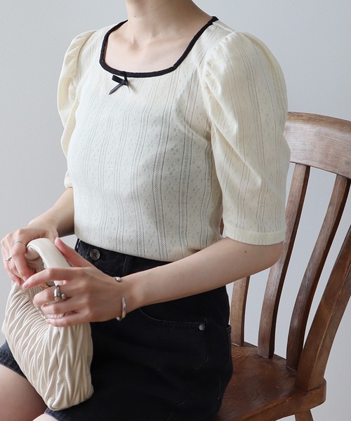 earth music&ecology（アースミュージックアンドエコロジー）の「フロントリボンパフスリーブプルオーバー（Tシャツ/カットソー・レディース・ブラック/アイボリー/ホワイト/グレー・FREE）」の22枚目の写真