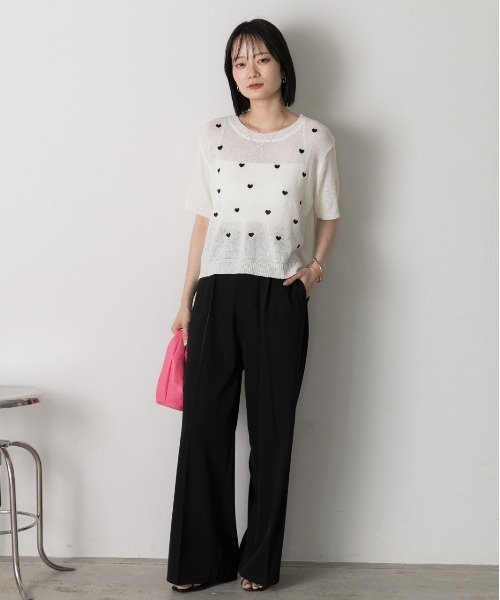 ad thie(アドティエ)の「ハート柄 サマーニットプルオーバー(Tシャツ/カットソー・レディース・モスグリーン/ピンク/オフホワイト・FREE)」の4枚目の写真