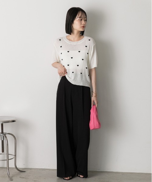 ad thie(アドティエ)の「ハート柄 サマーニットプルオーバー(Tシャツ/カットソー・レディース・モスグリーン/ピンク/オフホワイト・FREE)」の6枚目の写真