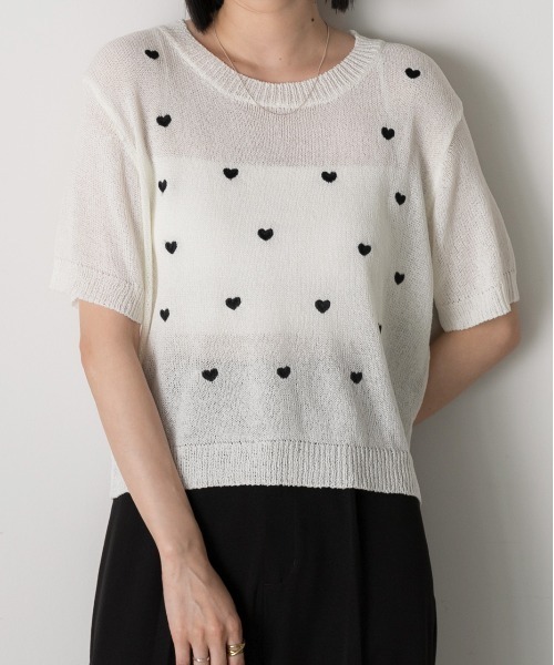 ad thie(アドティエ)の「ハート柄 サマーニットプルオーバー(Tシャツ/カットソー・レディース・モスグリーン/ピンク/オフホワイト・FREE)」の8枚目の写真