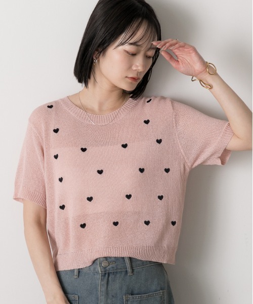 ad thie(アドティエ)の「ハート柄 サマーニットプルオーバー(Tシャツ/カットソー・レディース・モスグリーン/ピンク/オフホワイト・FREE)」の19枚目の写真