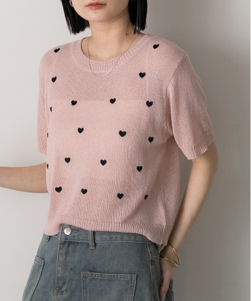 ad thie(アドティエ)の「ハート柄 サマーニットプルオーバー(Tシャツ/カットソー・レディース・モスグリーン/ピンク/オフホワイト・FREE)」の20枚目の写真