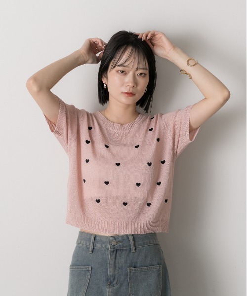 ad thie(アドティエ)の「ハート柄 サマーニットプルオーバー(Tシャツ/カットソー・レディース・モスグリーン/ピンク/オフホワイト・FREE)」の21枚目の写真