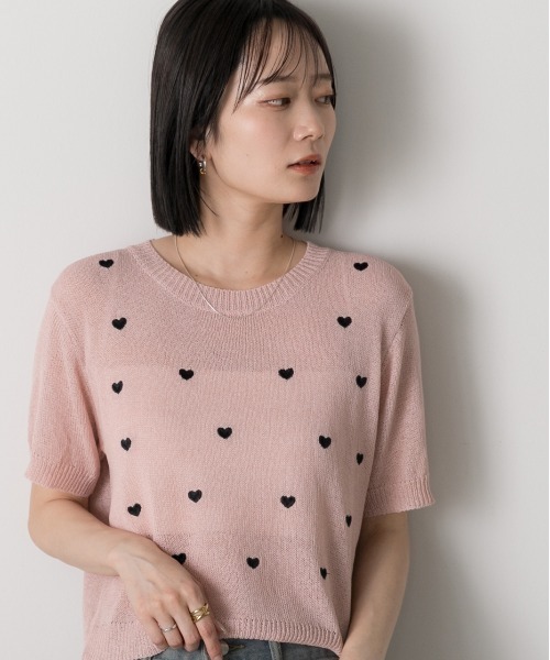 ad thie(アドティエ)の「ハート柄 サマーニットプルオーバー(Tシャツ/カットソー・レディース・モスグリーン/ピンク/オフホワイト・FREE)」の22枚目の写真