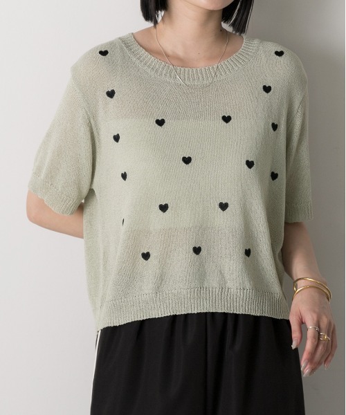 ad thie(アドティエ)の「ハート柄 サマーニットプルオーバー(Tシャツ/カットソー・レディース・モスグリーン/ピンク/オフホワイト・FREE)」の14枚目の写真