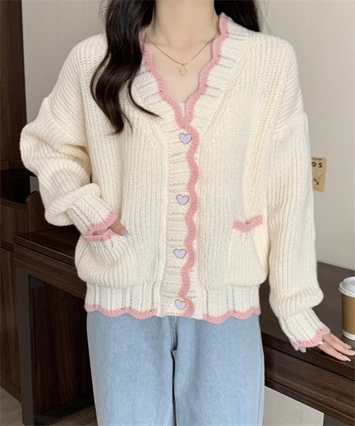FREE STYLISTS(フリー スタイリスト)の「配色ラインニットカーディガン(カーディガン/ボレロ・レディース・ホワイト/ピンク/ライトブルー/ライトグリーン/カーキオリーブ/ライトオレンジ系・FREE)」の1枚目の写真