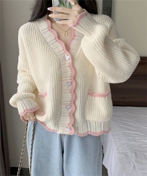 FREE STYLISTS(フリー スタイリスト)の「配色ラインニットカーディガン(カーディガン/ボレロ・レディース・ホワイト/ピンク/ライトブルー/ライトグリーン/カーキオリーブ/ライトオレンジ系・FREE)」の11枚目の写真