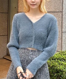 スパンコールフェザーパフスリーブカーディガン