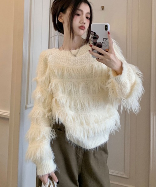 kirakiraShop(キラキラショップ)の「ループヤーン シャギー Vネック ニット トップス(ニット/セーター・レディース・ブラウン/ホワイト/ピンク/ブルー・FREE)」の14枚目の写真