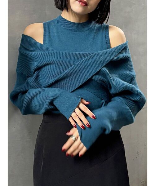 MURUA（ムルーア）の「ドッキングカシュクールニット（ニット/セーター・レディース・ブラック/ブルー/ホワイト/ボルドー・FREE）」の4枚目の写真