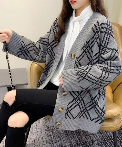 Ritzy(リッツィー)の「オーバーサイズ バイアスチェックカーディガン(カーディガン/ボレロ・レディース・ブラック/グレー/ホワイト・FREE)」の3枚目の写真
