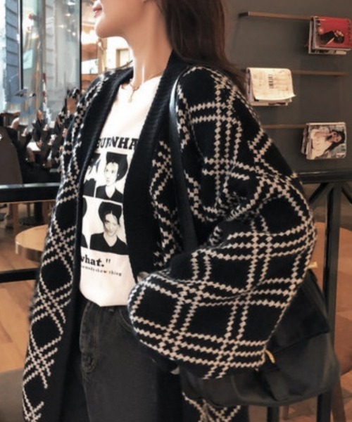 Ritzy(リッツィー)の「オーバーサイズ バイアスチェックカーディガン(カーディガン/ボレロ・レディース・ブラック/グレー/ホワイト・FREE)」の1枚目の写真