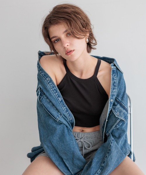 bijorie(ビジュリィ)の「【bijorie】カップ付きホルターネックアメスリ(ショート)/NEW BASIC 25SS(キャミソール・レディース・サックスブルー/ホワイト/カーキ/ブラック・LG/LARGE/MEDIUM)」の1枚目の写真