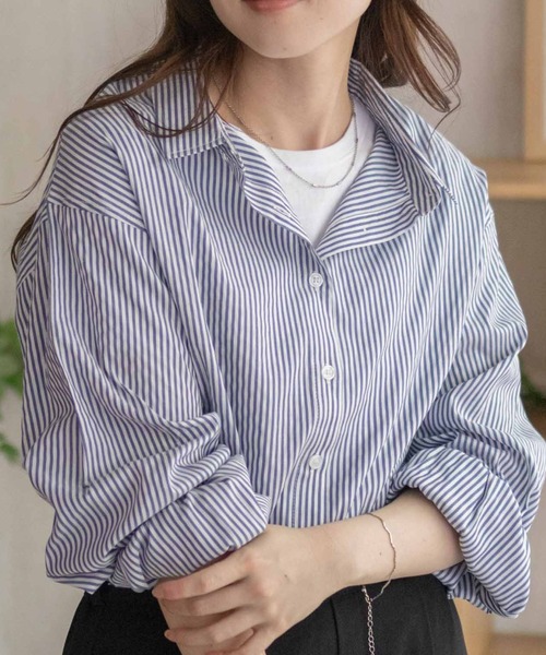 NAVY(ネイビー)の「nAvy ストライプ前開きシャツ(シャツ/ブラウス・レディース・ブルー系その他/ピンク系その他/ネイビー系/ベージュ系その他・L/M)」の3枚目の写真