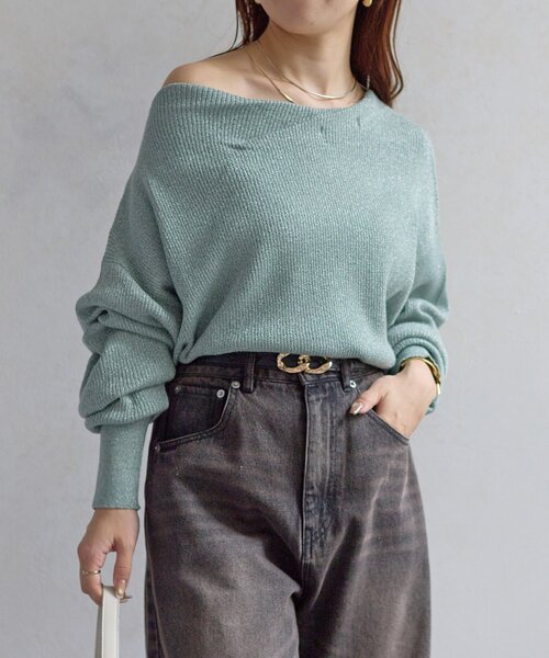 Thevon（ゼボン）の「ボートネックラメドレープニット（ニット/セーター・レディース・アイボリー/チャコールグレー/ライトグレー/ピンク/モカ/グリーン・FREE）」の5枚目の写真