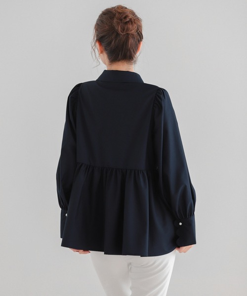 美品　fitmore スカラップペプラムブラウス ネイビー フィットモア Fit more ブラウス シャツ スカラップペプラムブラウス