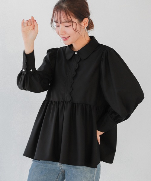 【Fitmore/フィットモア】美品ギンガムスカラップ襟ブラウス　パープルグレー フラワーレース襟ブラウス（シャツ/ブラウス）｜Fit more