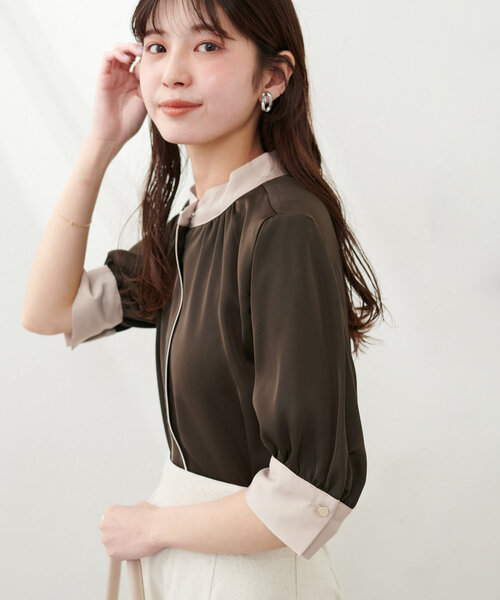 natural couture（ナチュラルクチュール）の「osonoなみなみ釦バイカラーブラウス（シャツ/ブラウス・レディース・ブラウン/ピンクベージュ/ミント/ネイビー/オフホワイト・FREE）」の2枚目の写真