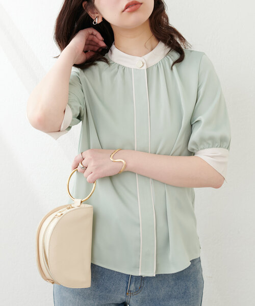 natural couture（ナチュラルクチュール）の「osonoなみなみ釦バイカラーブラウス（シャツ/ブラウス・レディース・ブラウン/ピンクベージュ/ミント/ネイビー/オフホワイト・FREE）」の3枚目の写真