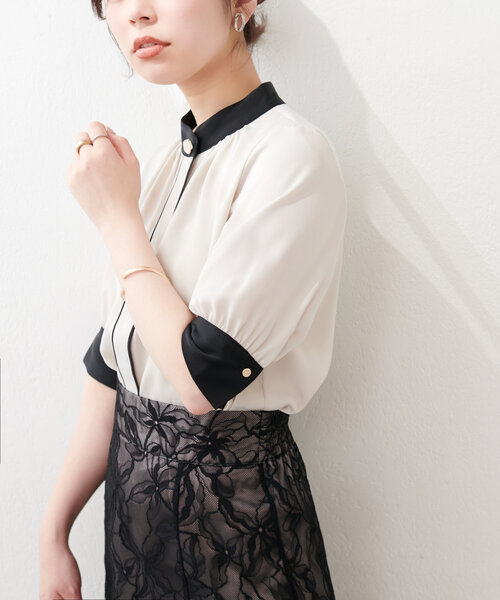 natural couture（ナチュラルクチュール）の「osonoなみなみ釦バイカラーブラウス（シャツ/ブラウス・レディース・ブラウン/ピンクベージュ/ミント/ネイビー/オフホワイト・FREE）」の7枚目の写真