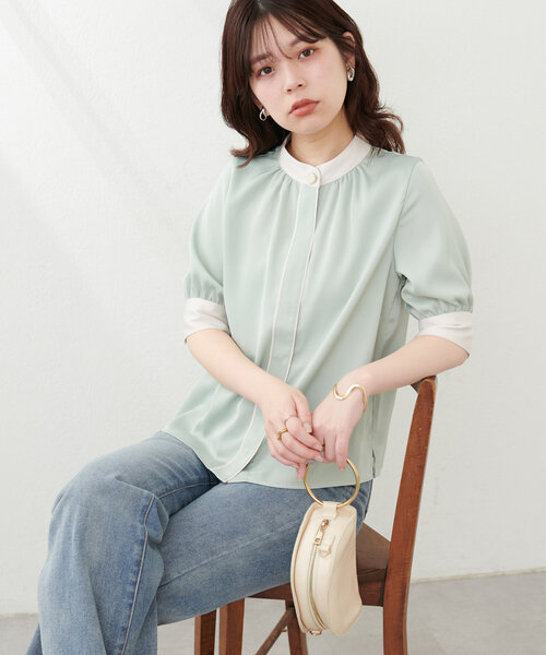natural couture（ナチュラルクチュール）の「osonoなみなみ釦バイカラーブラウス（シャツ/ブラウス・レディース・ブラウン/ピンクベージュ/ミント/ネイビー/オフホワイト・FREE）」の17枚目の写真
