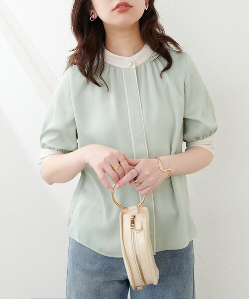 natural couture（ナチュラルクチュール）の「osonoなみなみ釦バイカラーブラウス（シャツ/ブラウス・レディース・ブラウン/ピンクベージュ/ミント/ネイビー/オフホワイト・FREE）」の15枚目の写真