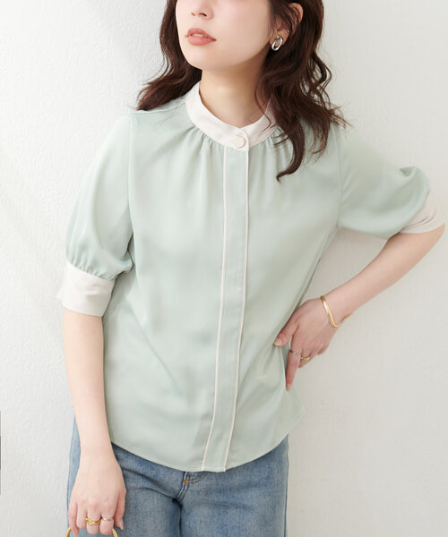 natural couture（ナチュラルクチュール）の「osonoなみなみ釦バイカラーブラウス（シャツ/ブラウス・レディース・ブラウン/ピンクベージュ/ミント/ネイビー/オフホワイト・FREE）」の16枚目の写真