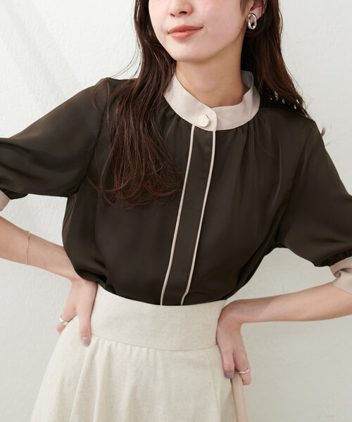 natural couture（ナチュラルクチュール）の「osonoなみなみ釦バイカラーブラウス（シャツ/ブラウス・レディース・ブラウン/ピンクベージュ/ミント/ネイビー/オフホワイト・FREE）」の11枚目の写真