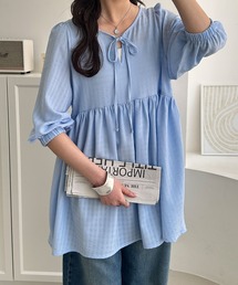 前後2WAYチェック柄ふくれジャガードリボンペプラムシャツチュニック