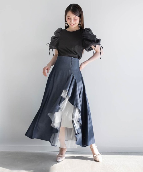 RANDA（ランダ）の「デザインフリルハイウエストスカート（スカート・レディース・インディゴブルー/グレー/アイボリー・1/0）」の4枚目の写真
