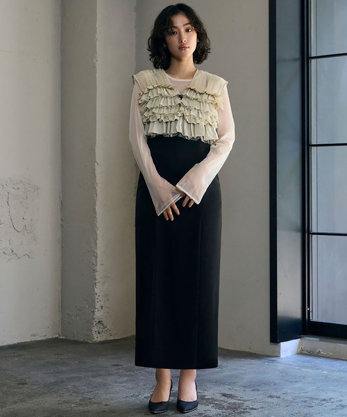 girl(ガール)の「タフタチュールフリルベスト ブラウス ワンピース 3点セット 結婚式 ワンピース パーティードレス オケージョンドレス お呼ばれ 二次会 成人式 同窓会 謝恩会(ドレス・レディース・ブラウン/ベージュ/ベージュ×ブラック/チャコールグレー・S/M/L)」の6枚目の写真