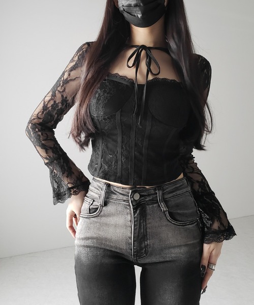 me+em select（ミームセレクト）の「【 ２color 】チョーカーネックリボンコルセットレーストップス ／ choker neck ribbon corset lace tops（その他トップス・レディース・ブラック/ホワイト・FREE）」の15枚目の写真