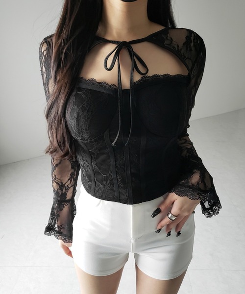 me+em select（ミームセレクト）の「【 ２color 】チョーカーネックリボンコルセットレーストップス ／ choker neck ribbon corset lace tops（その他トップス・レディース・ブラック/ホワイト・FREE）」の21枚目の写真