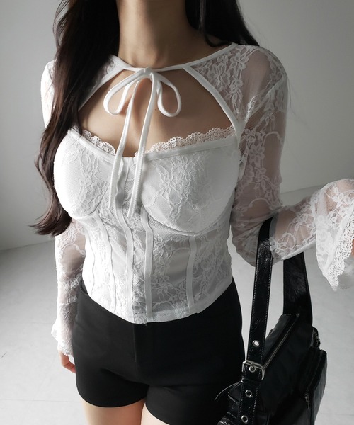 me+em select（ミームセレクト）の「【 ２color 】チョーカーネックリボンコルセットレーストップス ／ choker neck ribbon corset lace tops（その他トップス・レディース・ブラック/ホワイト・FREE）」の7枚目の写真
