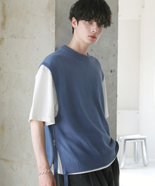 ETELIO（エテリオ）の「サイドデザインハイゲージニットベスト（ベスト・メンズ・ブラック/ワイン/ブルー/ライトグレー・S/M/L/XL）」の4枚目の写真