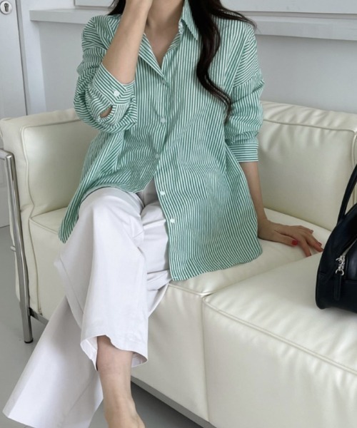 gossip!ロサンゼルス(ゴシップロサンゼルス)の「スプリングカラー ストライプシャツ(シャツ/ブラウス・レディース・グリーン/ピンク/ブルー・FREE)」の4枚目の写真
