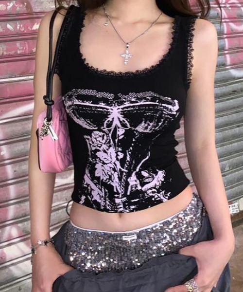 lilful（リルフル）の「【カップ付き】レース ショート丈 プリントノースリーブタンクトップ（タンクトップ・レディース・グレー/ブラック/ホワイト・F）」の18枚目の写真