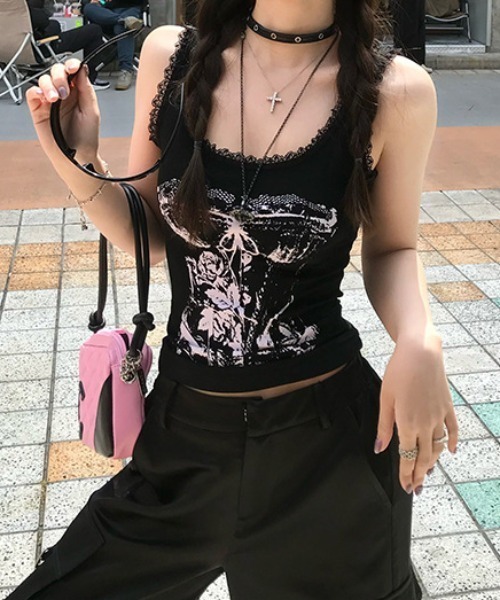 lilful（リルフル）の「【カップ付き】レース ショート丈 プリントノースリーブタンクトップ（タンクトップ・レディース・グレー/ブラック/ホワイト・F）」の10枚目の写真