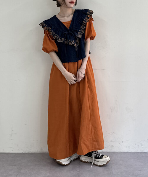 w closet(ダブルクローゼット)の「【セットアイテム】デニムベストワンピセット(ワンピース・レディース・オレンジ/アイボリー/ブラック・0/1)」の1枚目の写真