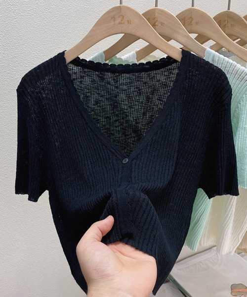 Lace Ladies(レースレディース)の「シアー Vネック 半袖 リブ ニット ショート カーディガン(カーディガン/ボレロ・レディース・ホワイト/ブラック/アイボリー・FREE)」の10枚目の写真
