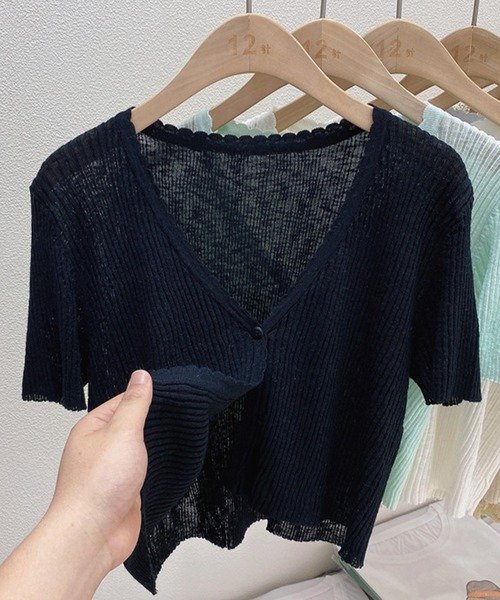 Lace Ladies(レースレディース)の「シアー Vネック 半袖 リブ ニット ショート カーディガン(カーディガン/ボレロ・レディース・ホワイト/ブラック/アイボリー・FREE)」の11枚目の写真