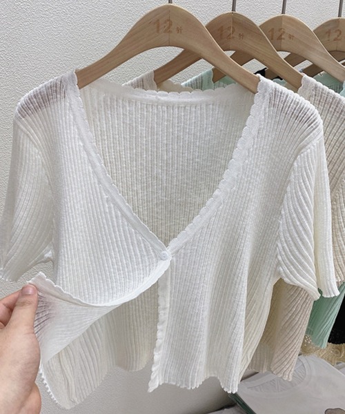 Lace Ladies(レースレディース)の「シアー Vネック 半袖 リブ ニット ショート カーディガン(カーディガン/ボレロ・レディース・ホワイト/ブラック/アイボリー・FREE)」の13枚目の写真
