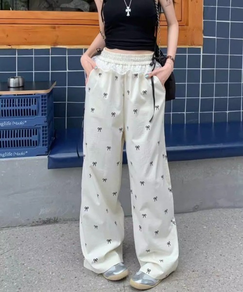 おしゃれスタ(オシャレスタ)の「リボン柄レース付きワイドパンツ(スウェットパンツ・レディース・ブラック/ホワイト・XL/L/M/S)」の11枚目の写真