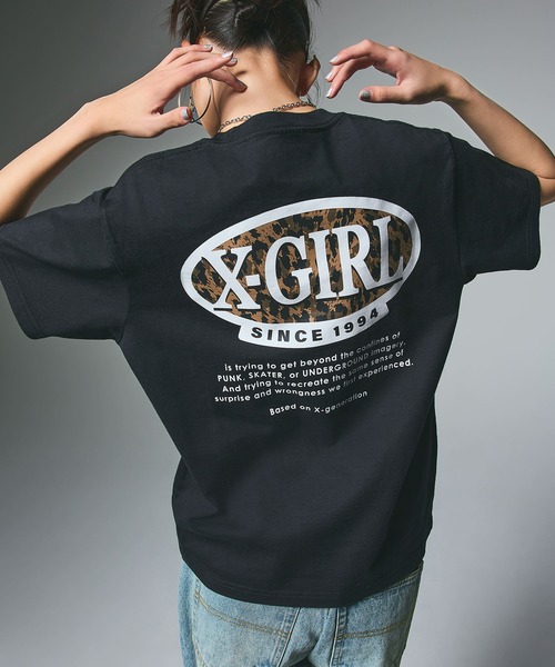 X-girl（エックスガール）の「LEOPARD OVAL LOGO S/S TEE（Tシャツ/カットソー・レディース・ブラック/ホワイト/ライトパープル・S/L/M）」の3枚目の写真