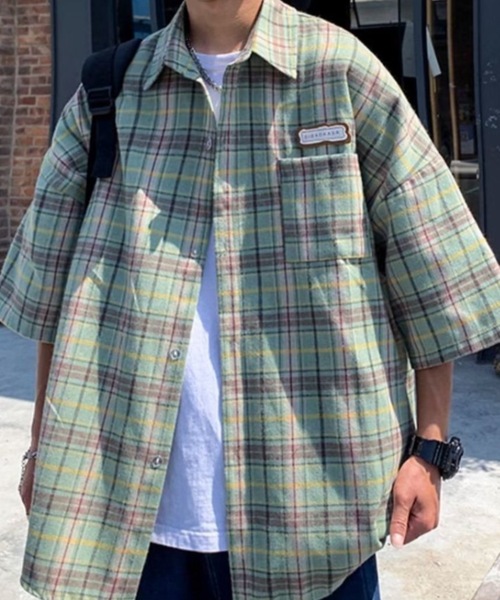 【HUECLOSET】★送料・関税込★モノチェックハーフシャツ CHECKED HALF-ZIP SHIRT オーバーサイズチェックコットンハーフ