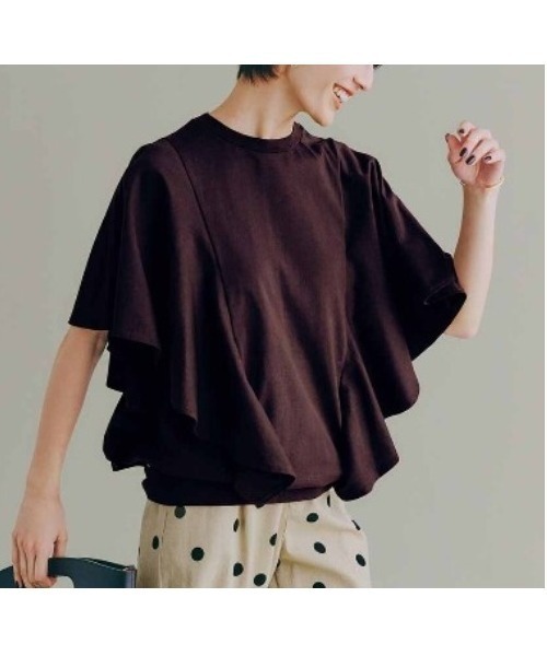 IEDIT（イディット）の「ＩＥＤＩＴ　接触冷感・吸汗速乾・抗菌防臭！Ｏｈｃｏｏｌ（Ｒ）Ⅱｐｌｕｓ素材のフリルトップス（Tシャツ/カットソー・レディース・アイボリー/スミクロ/ブラウン・M/L/LL/3L）」の3枚目の写真