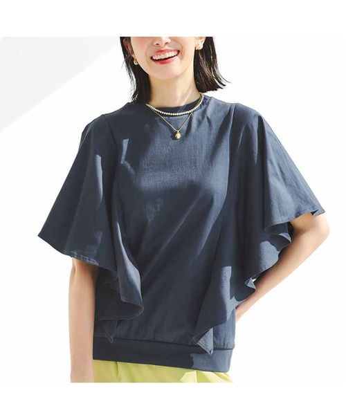 IEDIT（イディット）の「ＩＥＤＩＴ　接触冷感・吸汗速乾・抗菌防臭！Ｏｈｃｏｏｌ（Ｒ）Ⅱｐｌｕｓ素材のフリルトップス（Tシャツ/カットソー・レディース・アイボリー/スミクロ/ブラウン・M/L/LL/3L）」の2枚目の写真